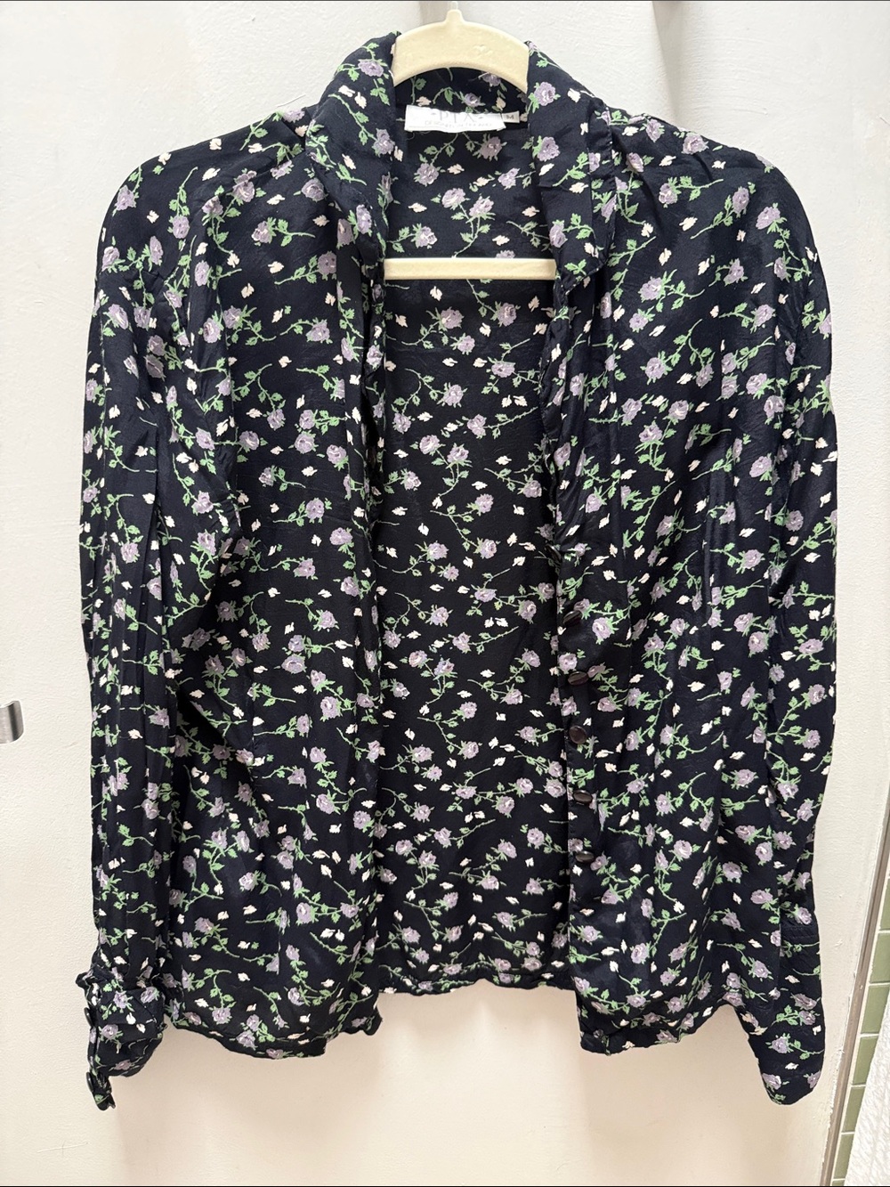 Women's Black Floral Open-Front Blouse - Black with Lavender Floral